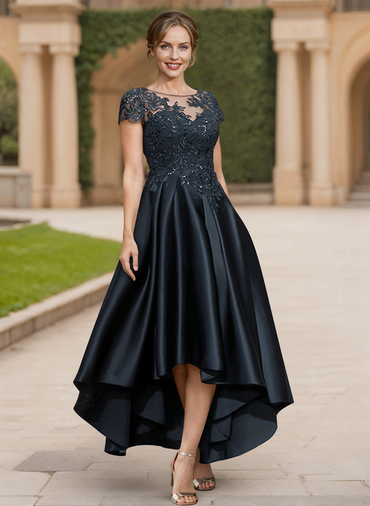 A-Line Scoop Neck Short Sleeves Satin Mother Of The Bride Dresses With Lace