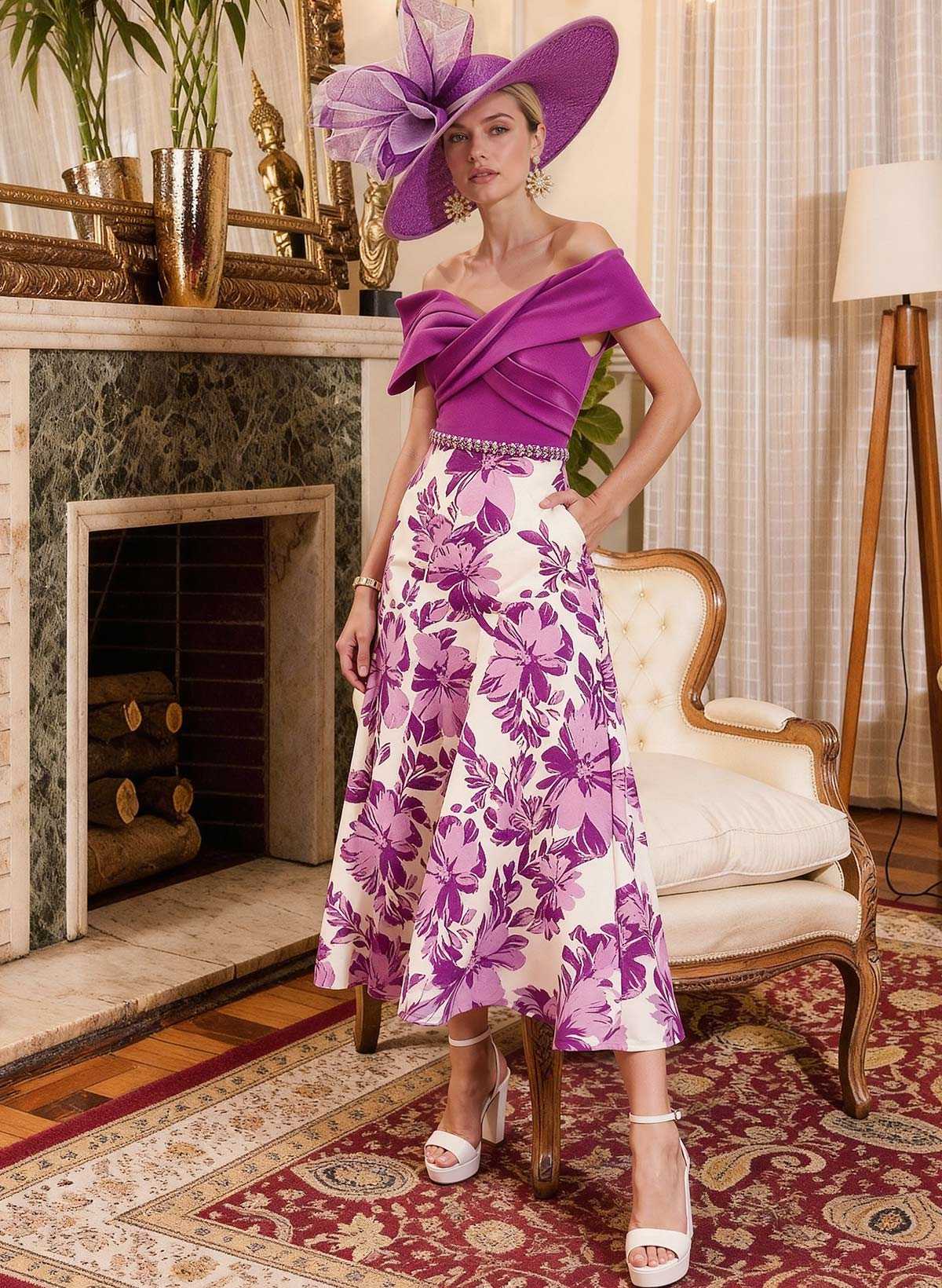 Off-The-Shoulder A-Line Tea-Length Stretch Chiffon Mother Of The Bride Dresses With Floral-Print/Beading/Sequins