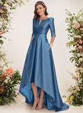 A-Line V-Neck 1/2 Sleeves Sweep Train Satin Bridesmaid Dresses With Pockets