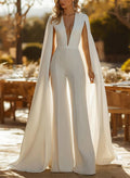 Jumpsuit/Pantsuit Plunge Neck Cape Sleeves Floor-Length Wedding Dresses