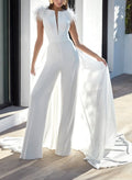 Jumpsuit/Pantsuit Scoop Neck Sleeveless Court Train Chiffon Wedding Dresses With Overskirt Dress