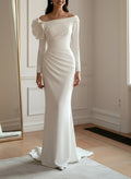 Trumpet/Mermaid Off-The-Shoulder Long Sleeves Sweep Train Elastic Satin Wedding Dresses With Flower(s)