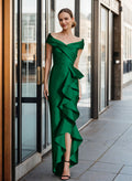 Cap Shoulder Sheath/Column Cascading Ruffles Evening Dresses