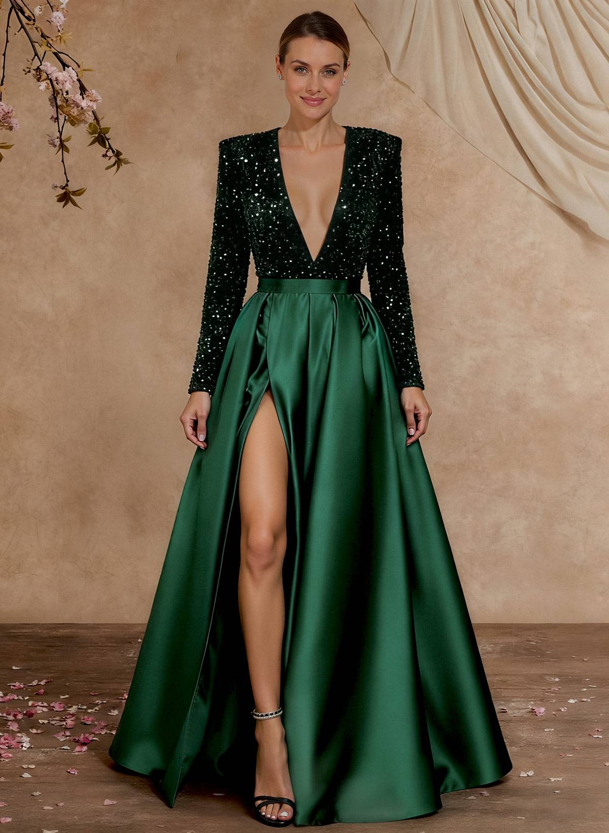 A-Line V-Neck Long Sleeves Floor-Length Satin Velvet Sequin Mother Of The Bride Dresses With Split Front