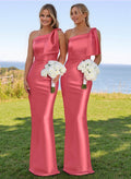 Classy Bow Accented One-Shoulder Floor-Length Bridesmaid Dresses With Back Slit