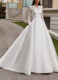 Modest A-Line V-Neck Long Sleeves Twill Satin/Lace Wedding Dresses With Buttons Down The Back