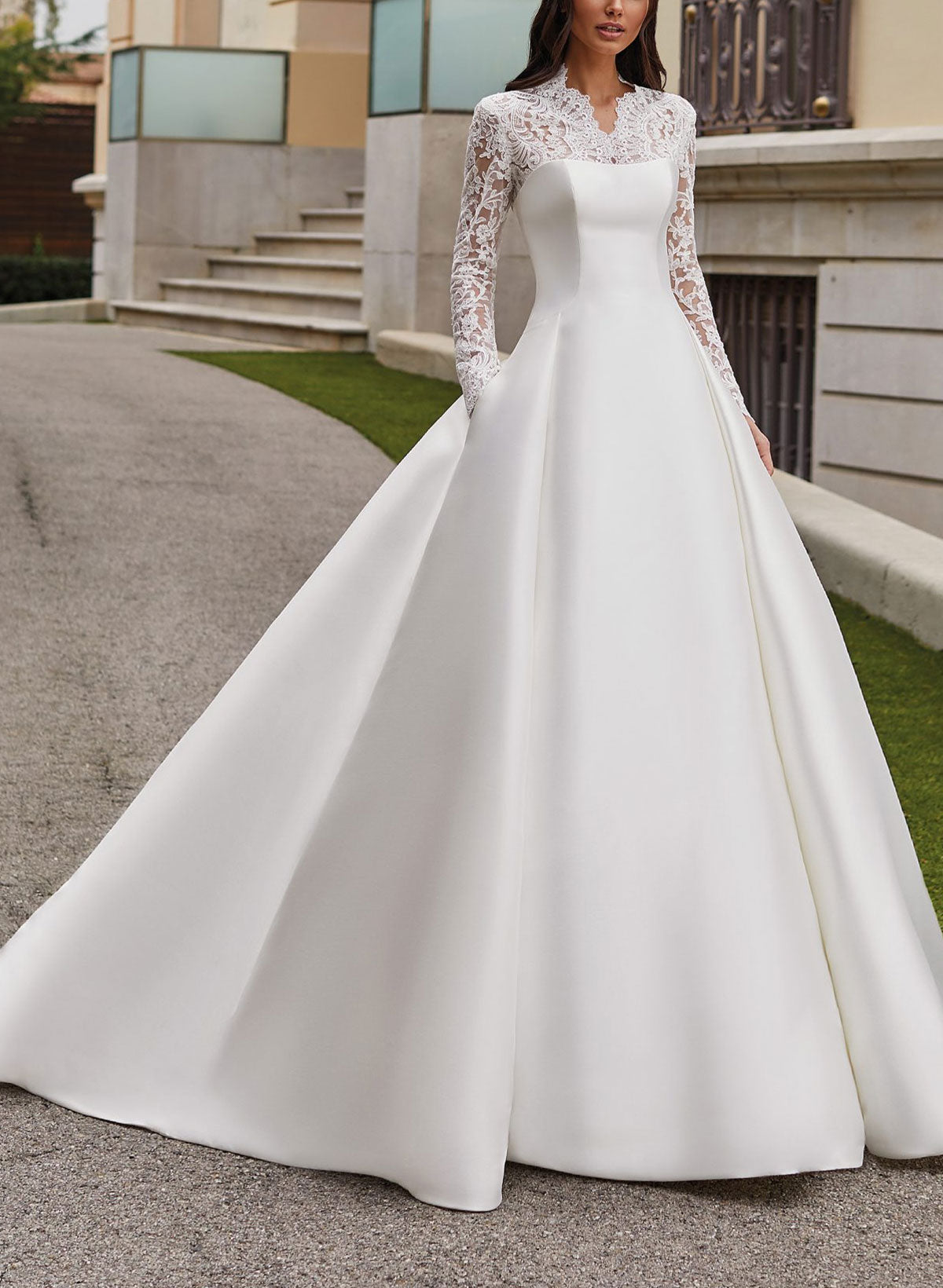 Modest A-Line V-Neck Long Sleeves Twill Satin/Lace Wedding Dresses With Buttons Down The Back