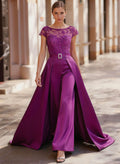 Jumpsuit/Pantsuit Scoop Neck Short Sleeves Detachable Lace/Satin Mother Of The Bride Dresses With Rhinestone/Sash