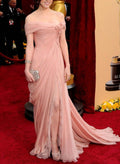A-Line Off-The-Shoulder Court Train 30D Chiffon Evening Dresses With Flower(s)/High Split