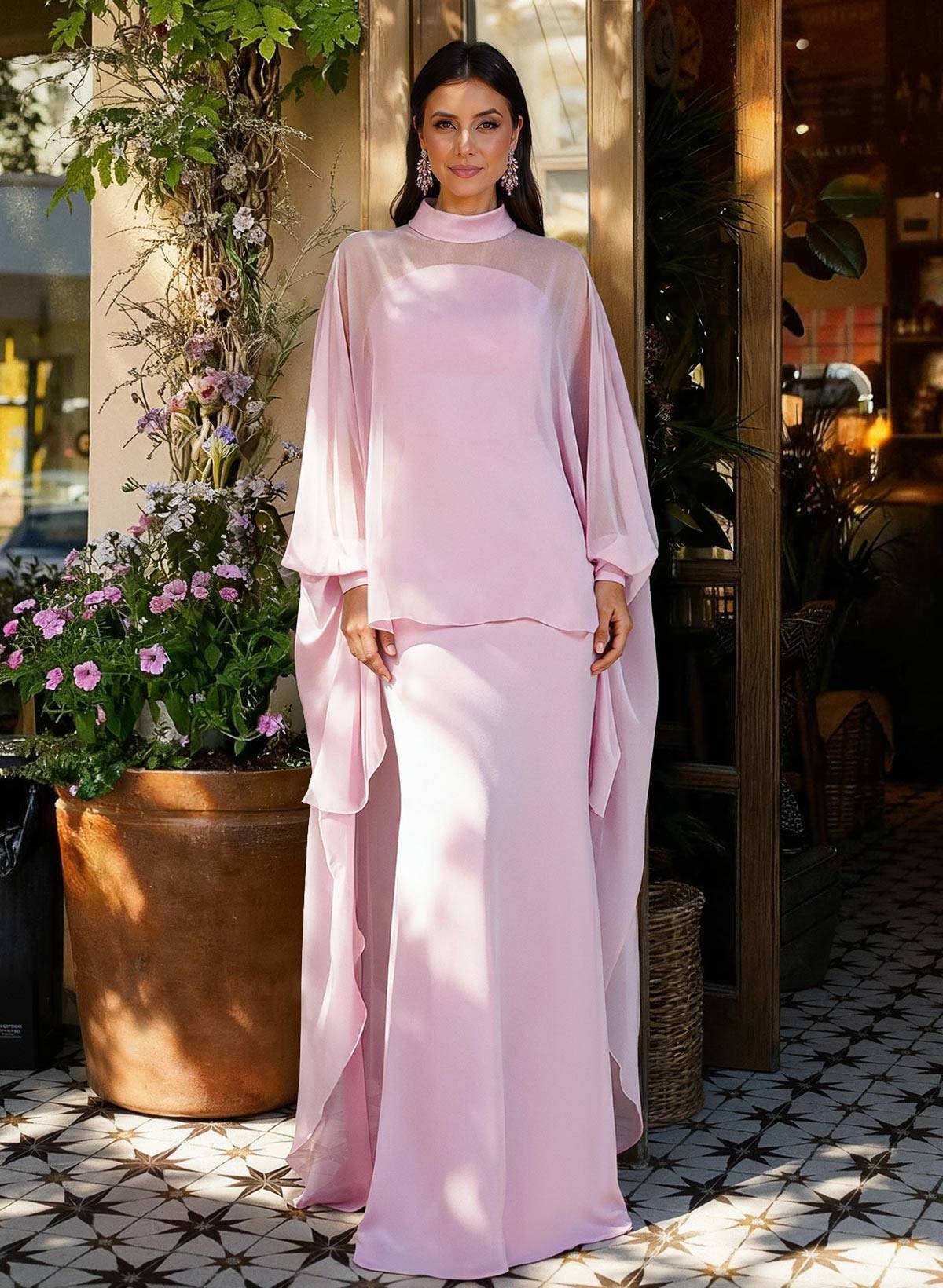 Sheath Column Illusion Neck Long Sleeves Floor-Length Chiffon Evening Dresses With Tiered