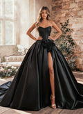 A-Line Strapless Sleeveless Sweep Train Satin Wedding Dresses With Flower(s)/High Split