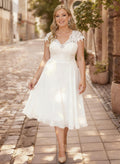 A-Line V-Neck Short Sleeves Knee-Length Chiffon Lace Tulle Wedding Bride With Lace