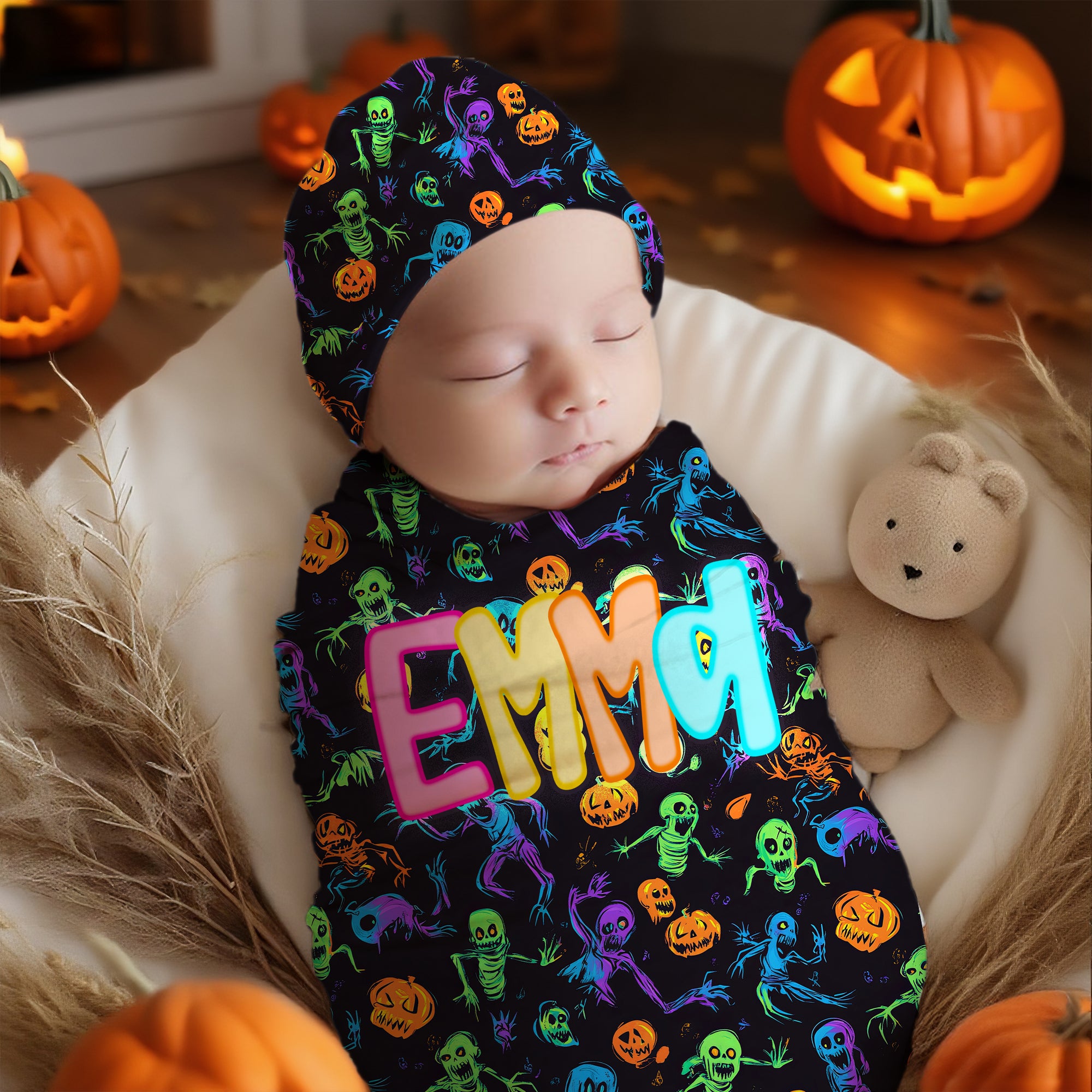 Set personalizado de calabaza, fantasma, tela de araña y gorro de nudo con nombre Halloween Baby Shower Birthday Gift for Newborns