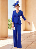 Jumpsuit/Pantsuit V-Neck 3/4 Sleeves Detachable Crepe Satin Evening Dresses With Bow(s)