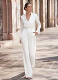 Jumpsuit/Pantsuit V-Neck Long Sleeves Floor-Length Elastic Satin Mother Of The Bride Dresses With Pockets