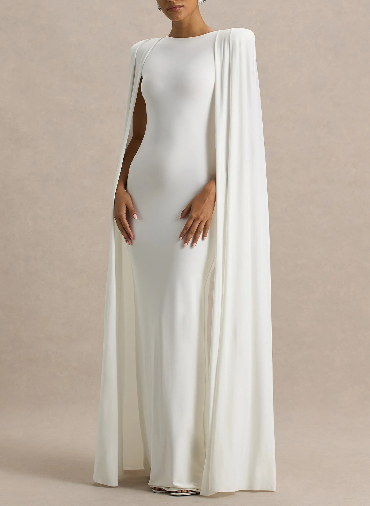 Sheath Column Scoop Neck Cape Sleeves Floor-Length Elastic Satin Evening Dresses