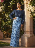 Sheath Column Scoop Neck Long Sleeves Floor-Length Crepe Satin Mother Of The Bride Dresses With Floral-Print/Back Slit