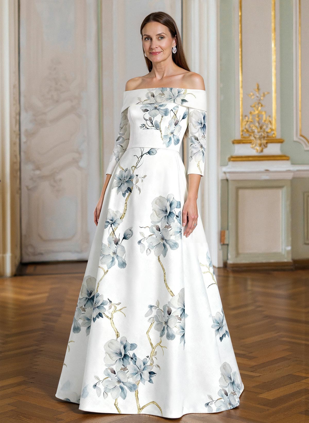 A-Line Off-The-Shoulder 3/4 Sleeves Floor-Length Satin Mother Of The Bride Dresses With Floral-Print
