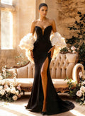 Trumpet/Mermaid Sweetheart/Plunge Neck Sleeveless Court Train Elastic Satin/Organza Wedding Dresses With Flower(s)/High Split