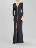 Sheath/Column V-Neck Long Sleeves Floor-Length Elastic Satin Evening Dresses With Rhinestone