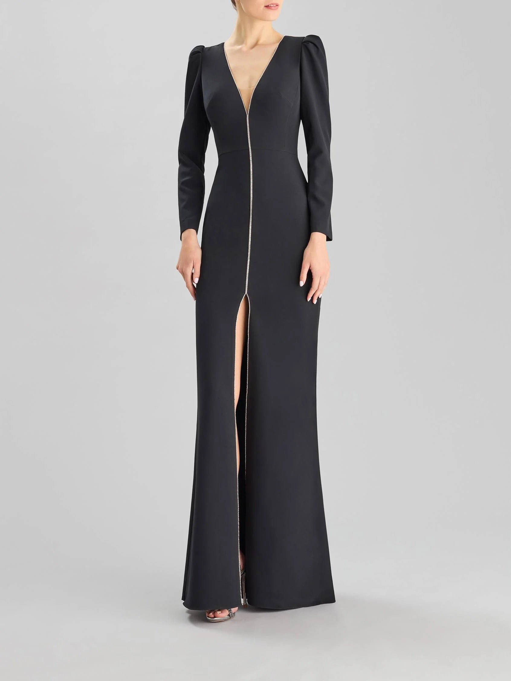 Sheath/Column V-Neck Long Sleeves Floor-Length Elastic Satin Evening Dresses With Rhinestone