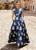 A-Line V-Neck Short Sleeves Ankle-Length Twill Satin Evening Dresses