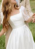 A-Line Square Neckline Long Sleeves Floor-Length Satin Wedding Dresses With Beading