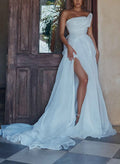 A-Line Strapless Sleeveless Sweep Train Wedding Dresses With High Split