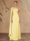 Sheath Column One-Shoulder Sleeveless Floor-Length Crepe Satin Evening Dresses With Sweeping Side Drape