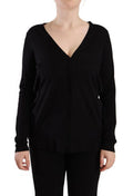 Women's Black Wool V-Neck Long Sleeves Pullover Top Virgin