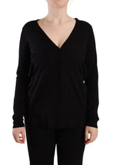 Women's Black Wool V-Neck Long Sleeves Pullover Top Virgin