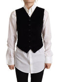 Women's Black V-Neck Leopard Corduroy Button Vest Top Cotton Polyester Elastane