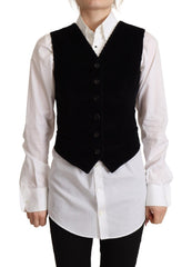 Women's Black V-Neck Leopard Corduroy Button Vest Top Cotton Polyester Elastane