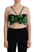 Women's Black Green Leaf Silk Halter Cropped Top And Elastane