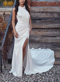 Trumpet/Mermaid Halter Sleeveless Sweep Train Acetate Satin Wedding Dresses With High Split