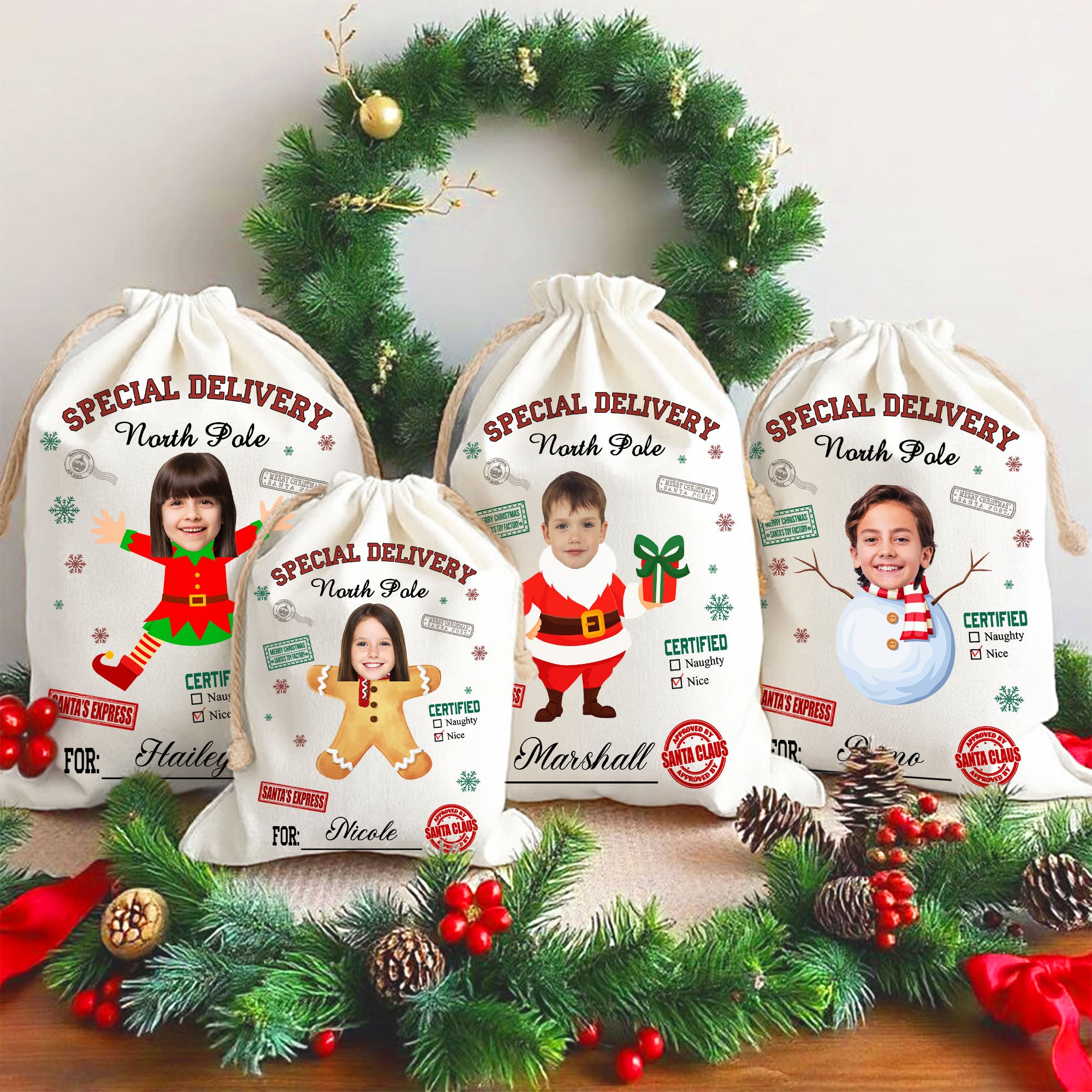 Entrega especial personalizada Polo Norte Papá Noel Bolsa de regalo de lona con cordón con nombre y foto Regalo de Navidad para amigos Familia