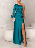 Sheath/Column One-Shoulder Floor-Length Acetate Satin Evening Dresses With High Split