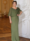 Sheath Column Scoop Neck Cape Sleeves Floor-Length Chiffon Mother Of The Bride Dresses With Rhinestone Shoulder Ruffle