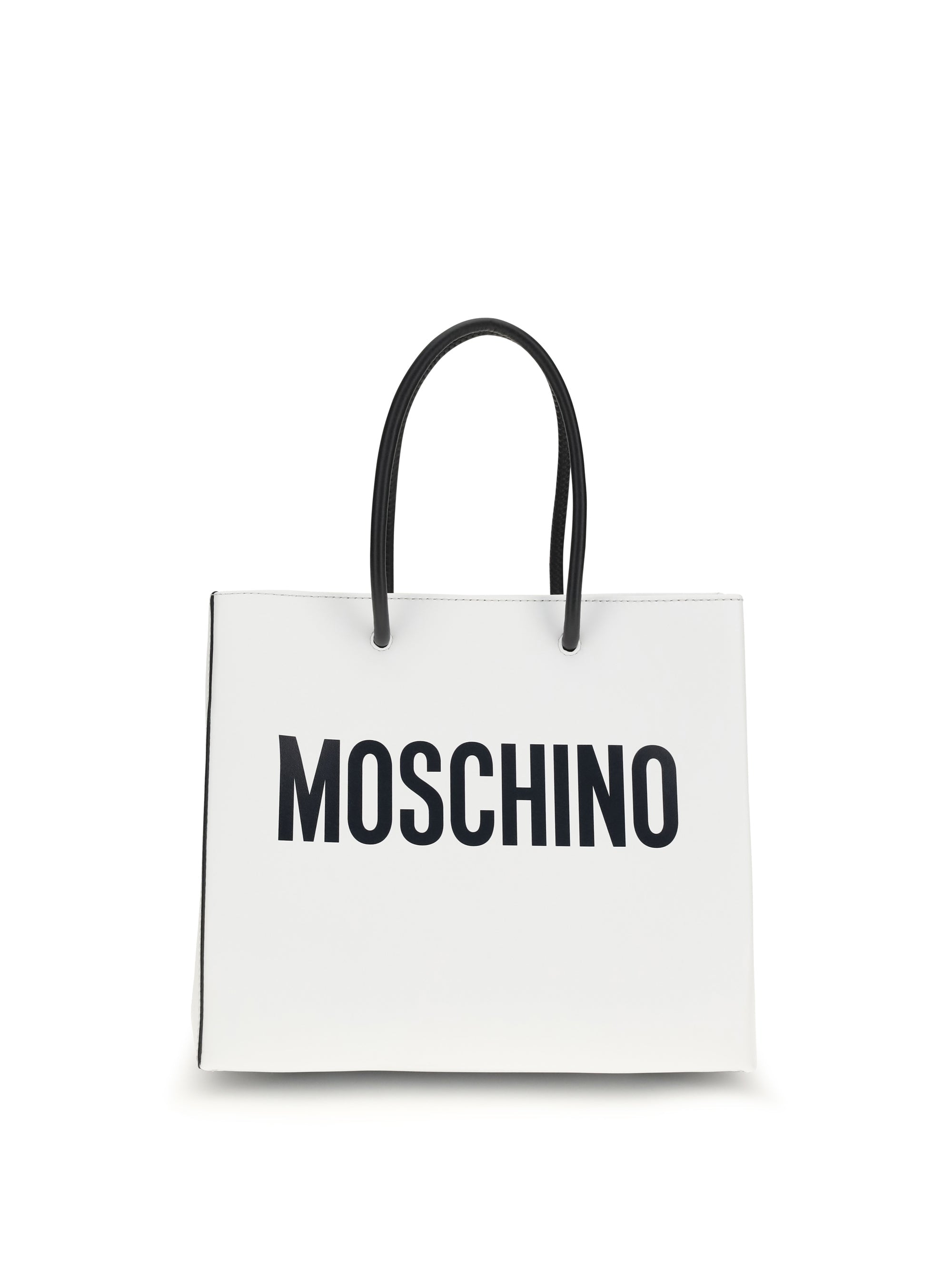 Moschino Logo-Print Calf Leather Tote Bag — White