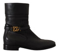 Women's Black Leather Flats Logo Short Boots Shoes