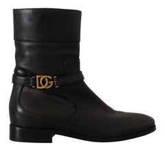 Women's Black Leather Flats Logo Short Boots Shoes