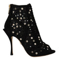 Women's Black Crystals Heels Zipper Short Boots Shoes Nylon