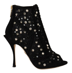 Women's Black Crystals Heels Zipper Short Boots Shoes Nylon