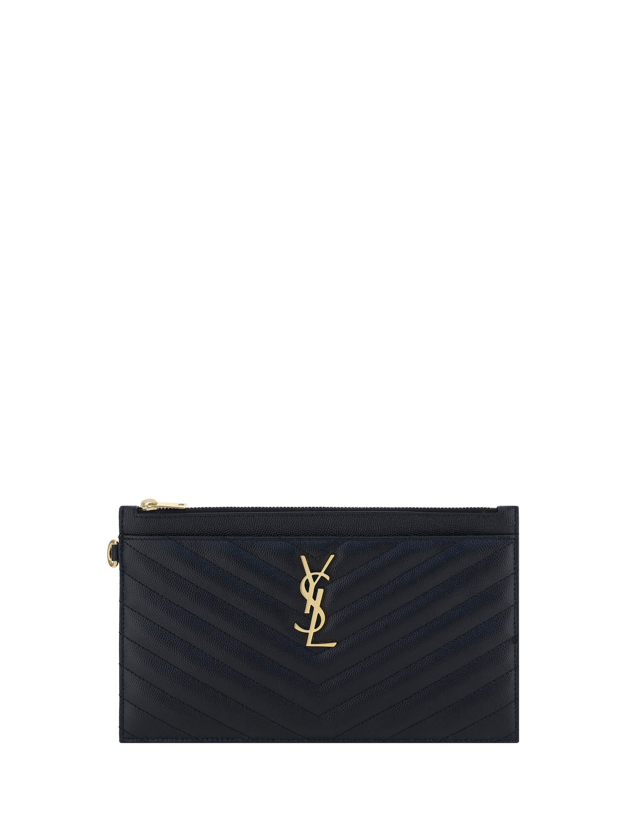 Saint Laurent Quilted Leather with YSL Plaque Clutch — Black