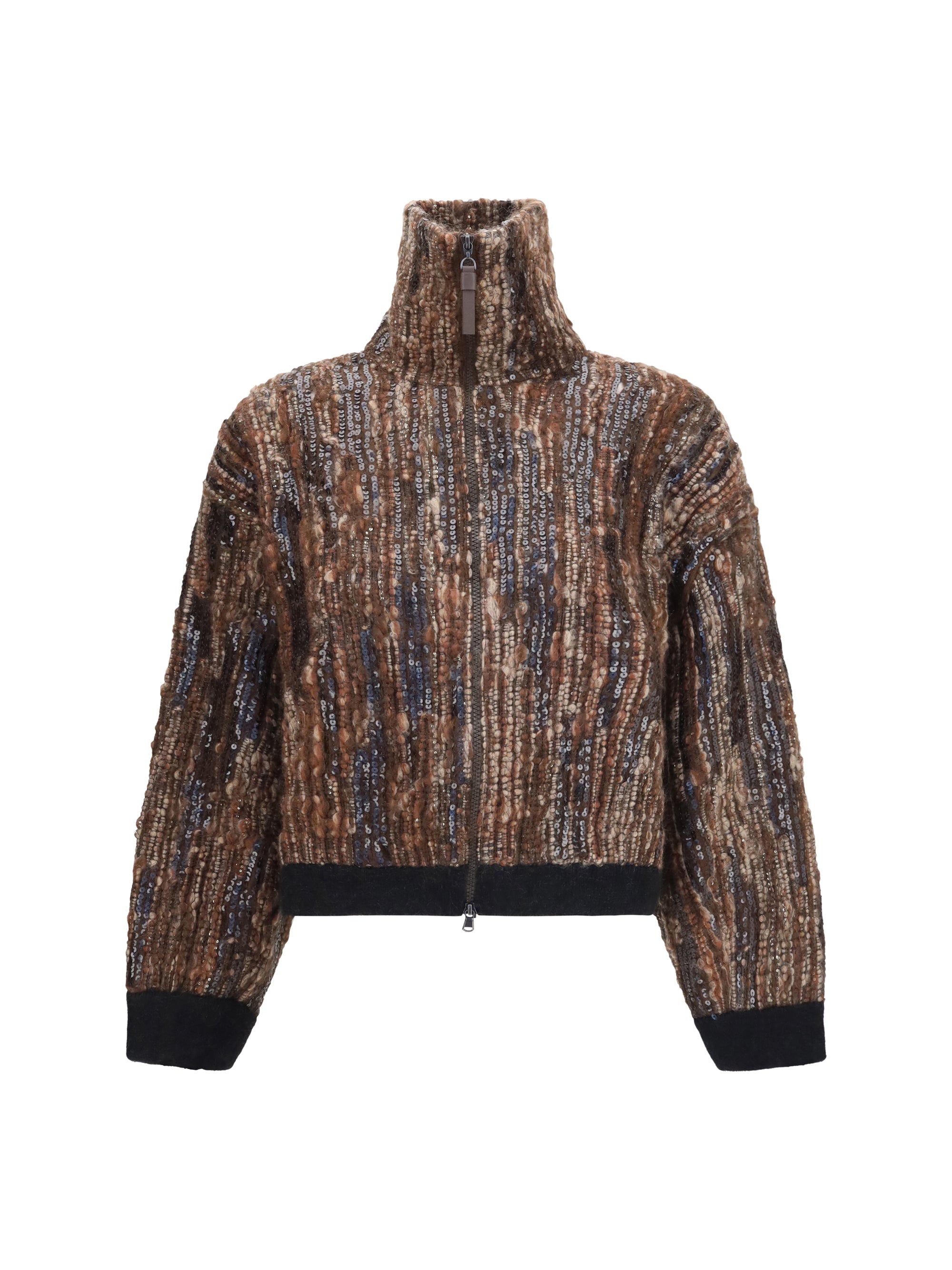 Brunello Cucinelli Perforated Zip Mohair Cardigan — Brown