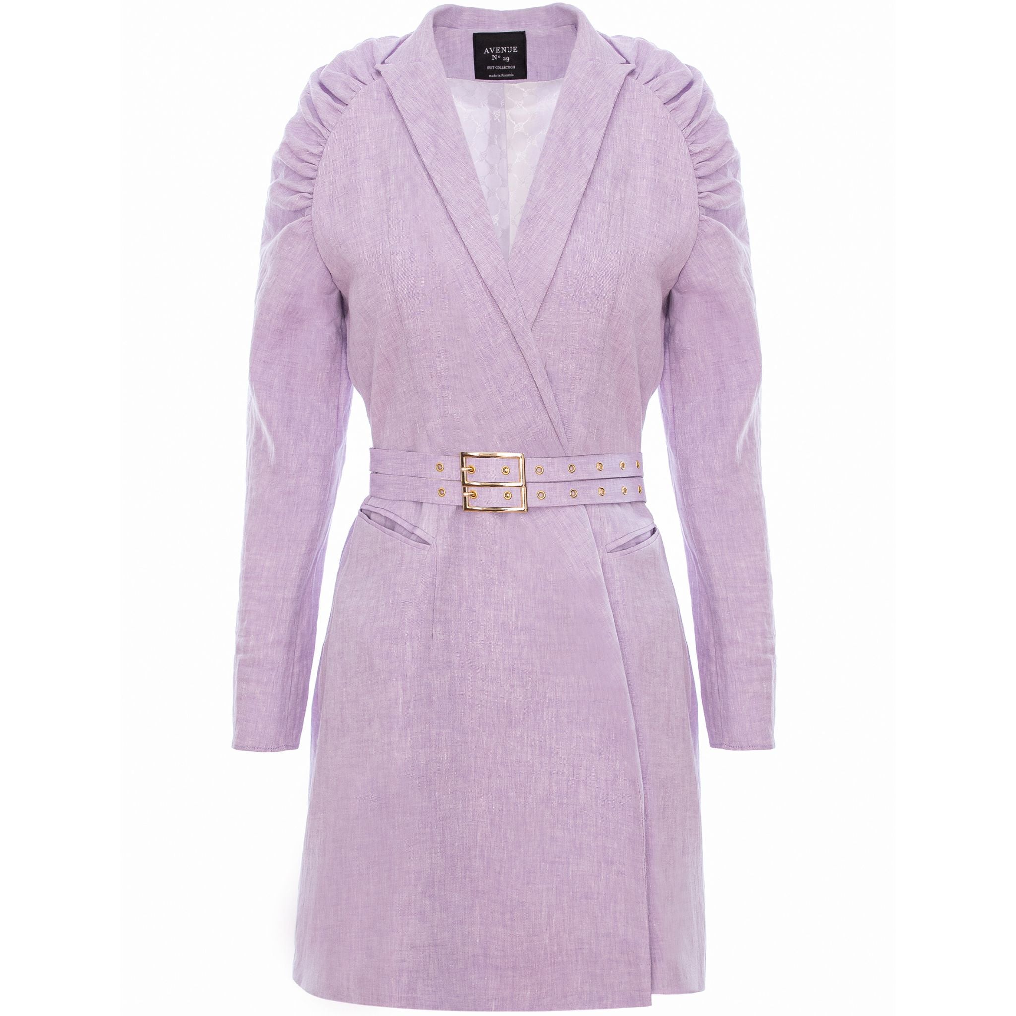 Gathered Raglan Sleeve Linen Blazer Dress With Double Belt - Lilac