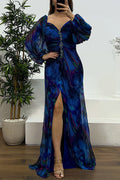 Off Shoulder Rhinestones Detail Printed Slit Pleated Maxi Dress