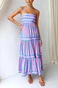 Spaghetti Strap Ruffle Tiered Color Block Striped Maxi Dress