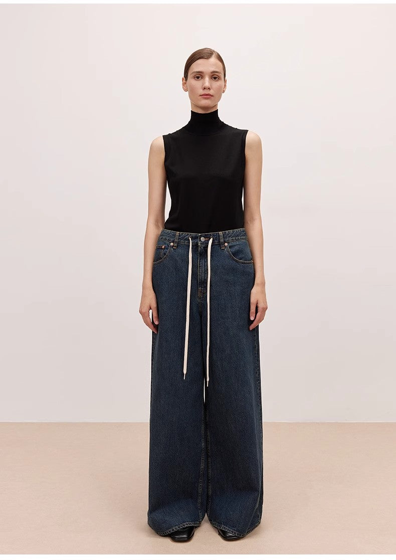 Retro Blues fashionable high waist pleated design washed casual wide leg jeans for women
