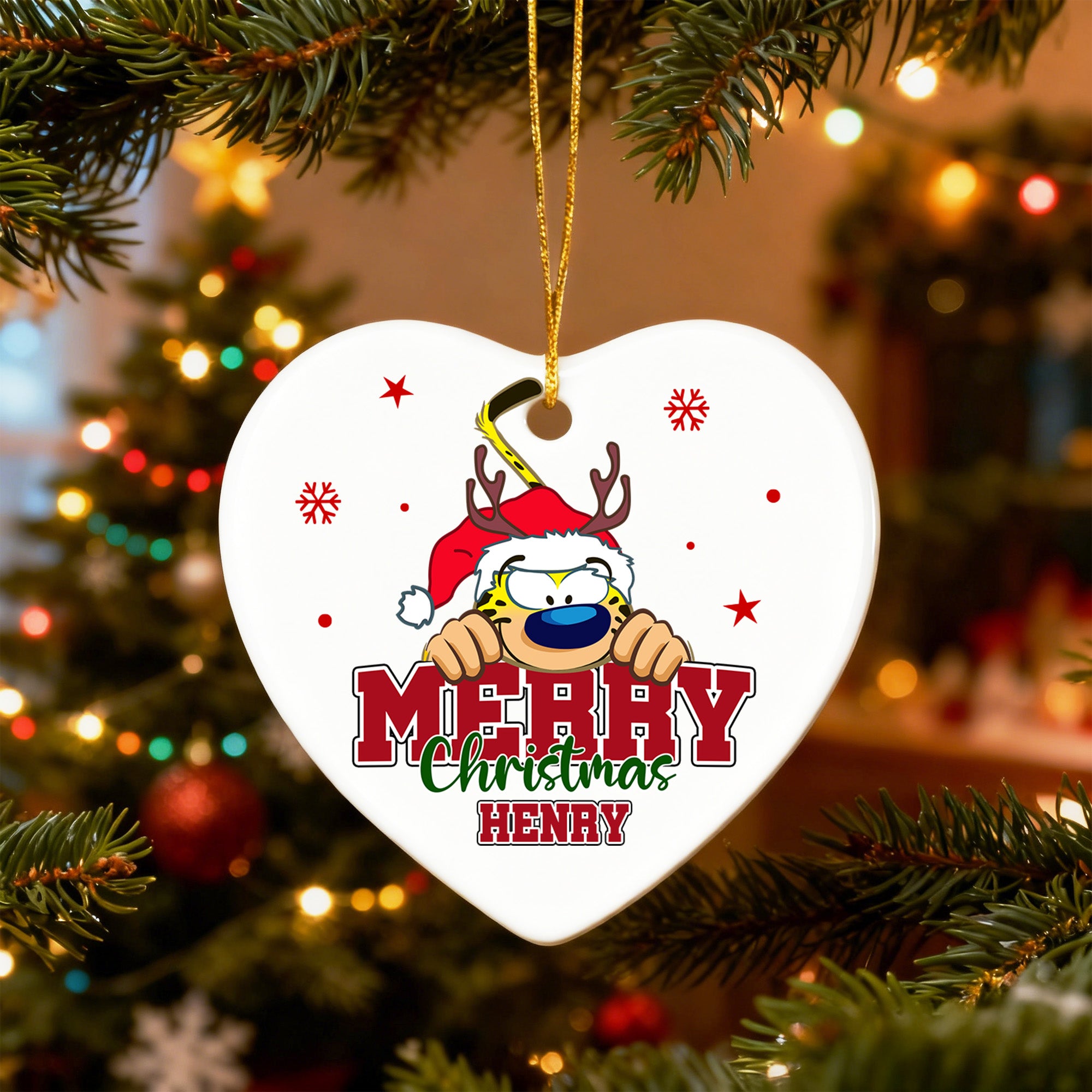 Gorro de Papá Noel personalizado Adorno navideño de cerámica Marsupilami en forma de corazón con nombre Regalo para niños | Callie × Marsupilami